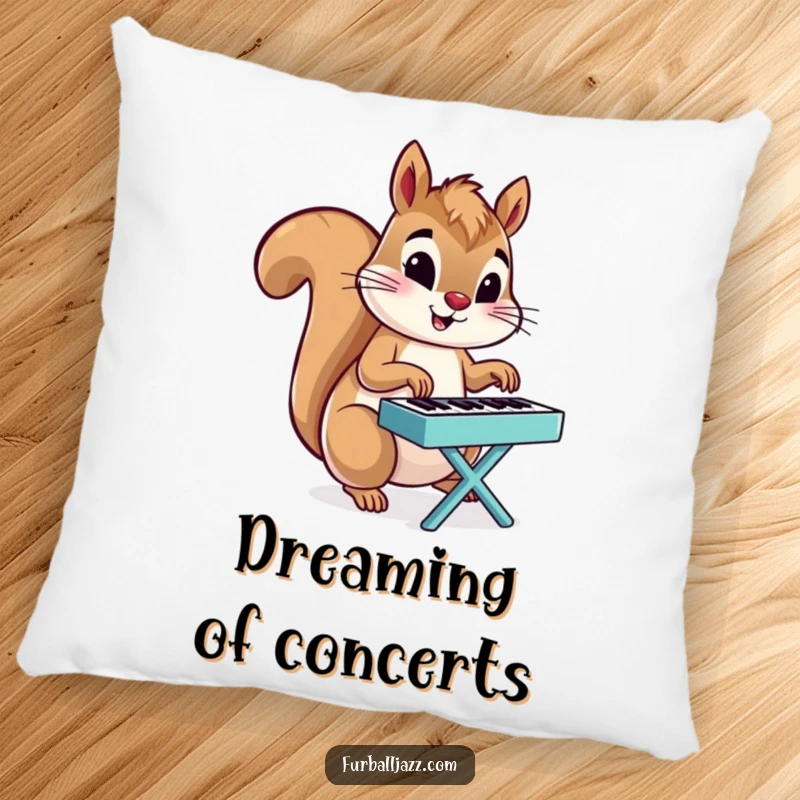 Funny Squirrel pillow with a squirrel energetically playing a tiny piano, a soft and humorous decorative item.