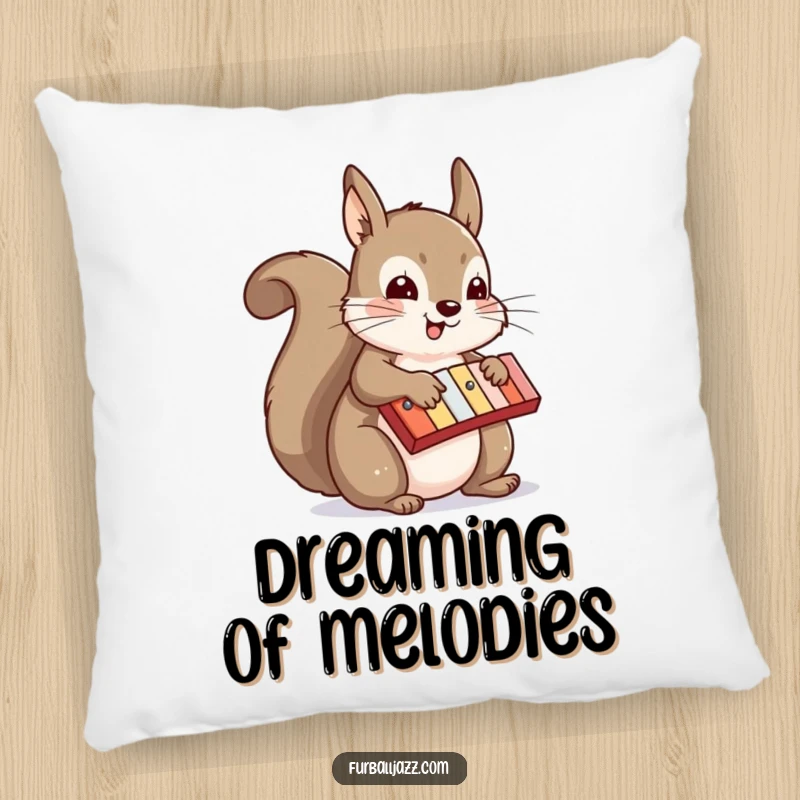 Funny squirrel artistically playing a xylophone on a soft pillow, bringing musical humor to any room, a funny gift.