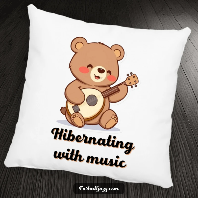 Funny bear strumming a tiny banjo with a happy expression on a soft pillow.