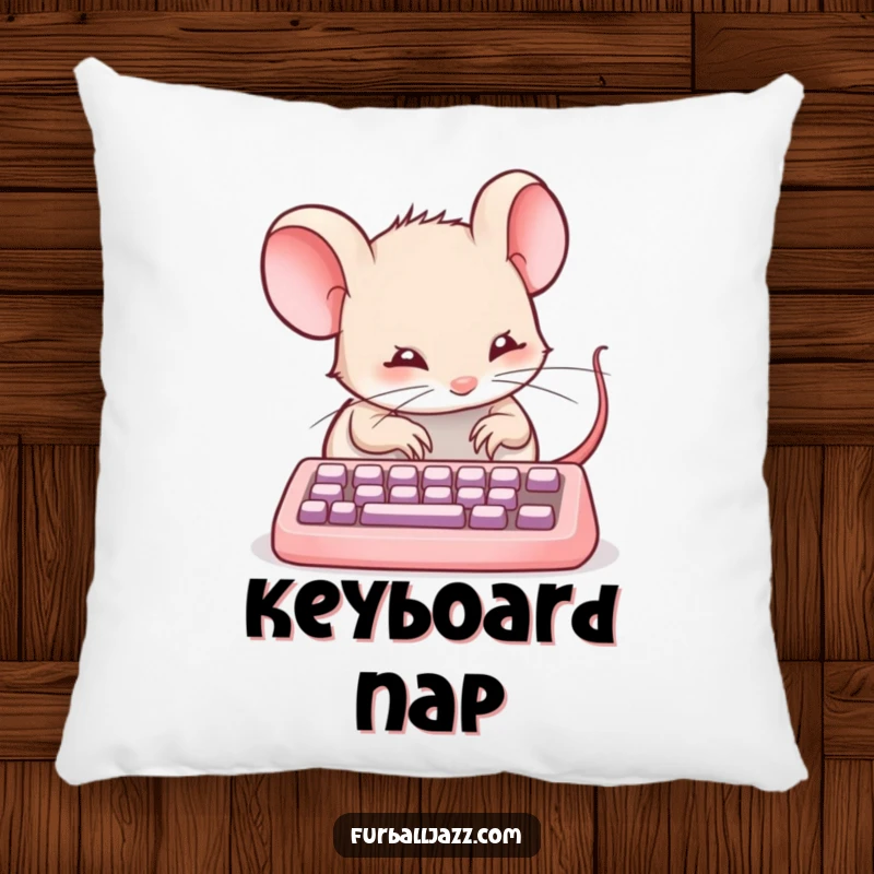 Funny mouse typing on a soft pillow, a humorous and comfortable accent for any computer nook.