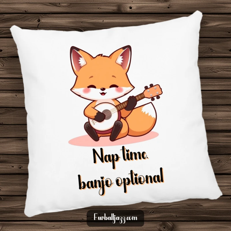 Funny banjo fox pillow with a cheerful fox playing a mini banjo, adding a humorous and musical touch to any room.