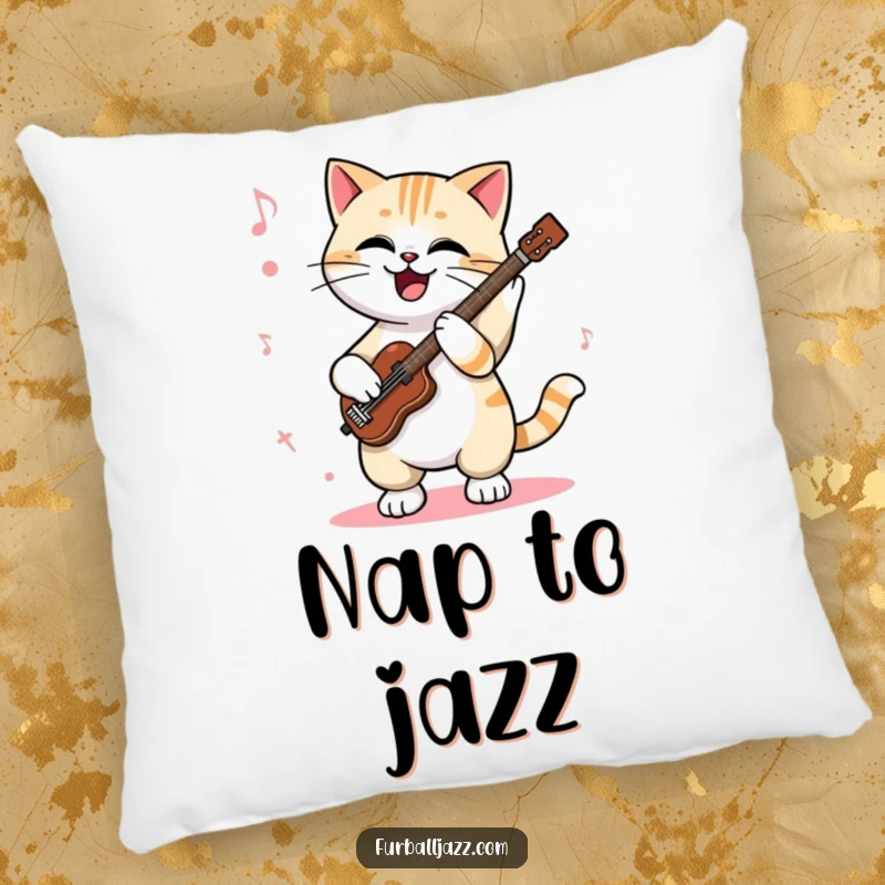 Funny cat pillow featuring a cool cat enthusiastically tapping its paws to a jazz rhythm, providing soft comfort with a rhythmic musical theme.