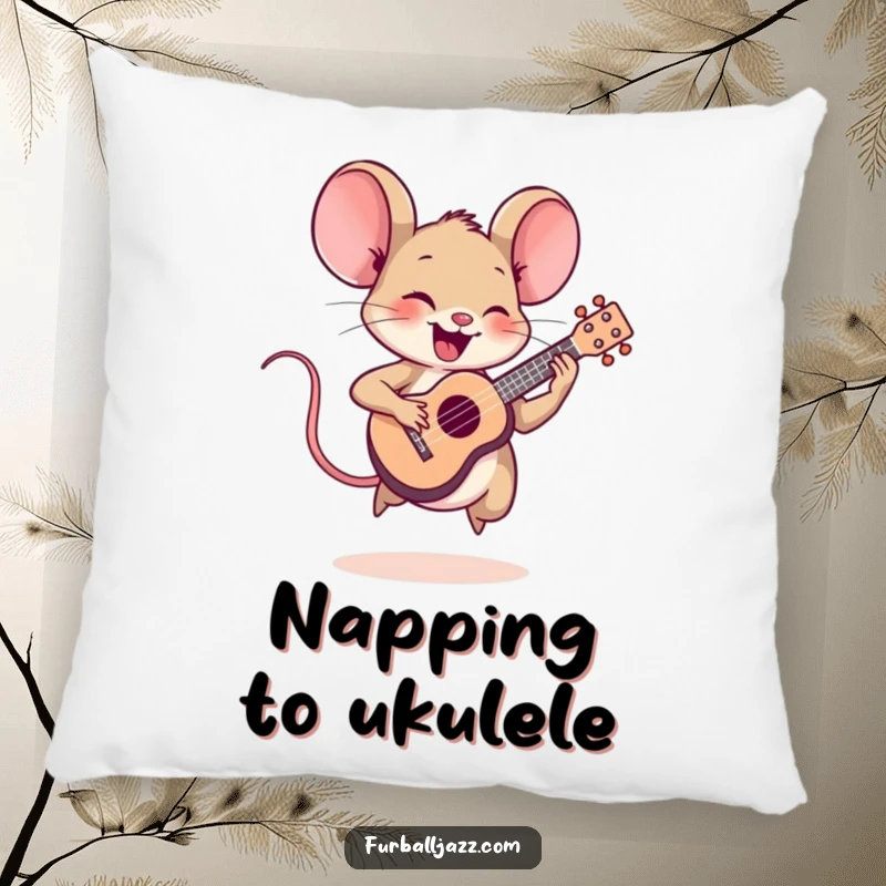 Funny mouse character joyfully playing a tiny ukulele, designed as a soft and humorous pillow.