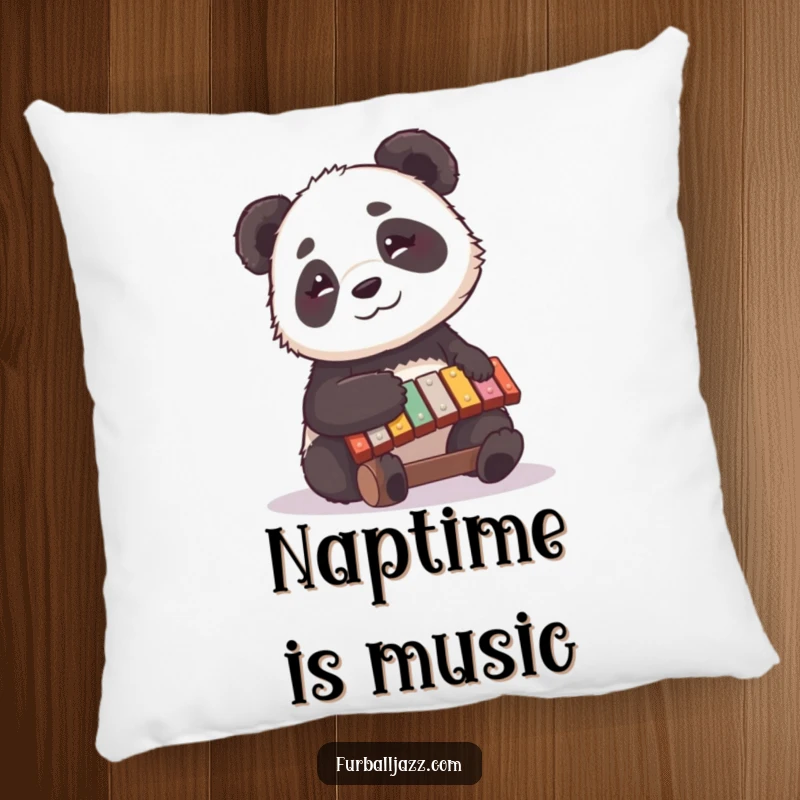 Funny panda pillow showing a cute panda contentedly playing a xylophone, radiating peaceful happiness and musical joy.