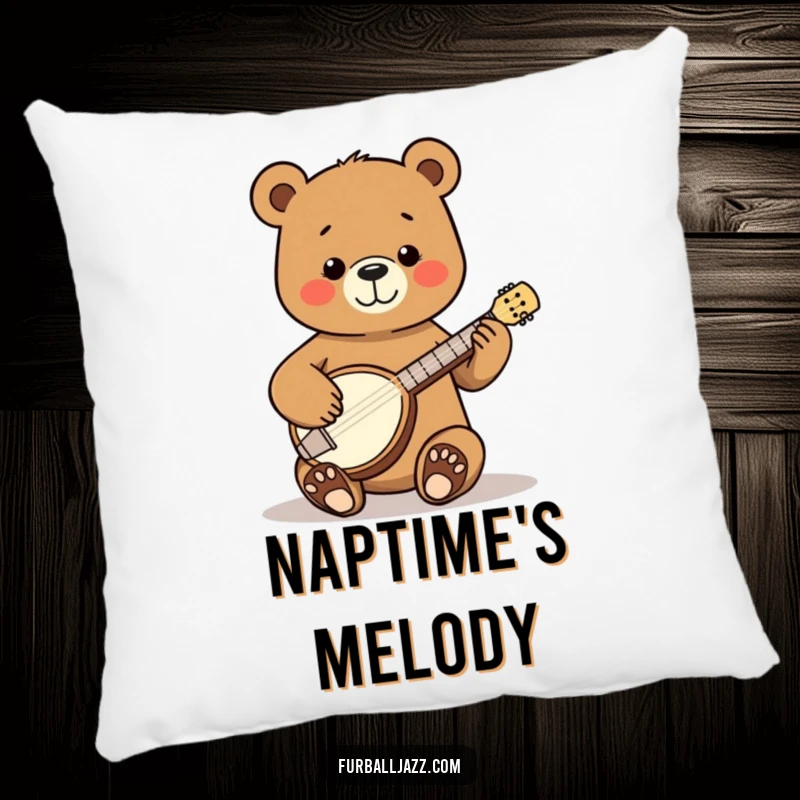 Funny Bear Banjo Pillow depicting a happy bear strumming a tiny banjo with pure joy, a soft and stylish accent for any room.