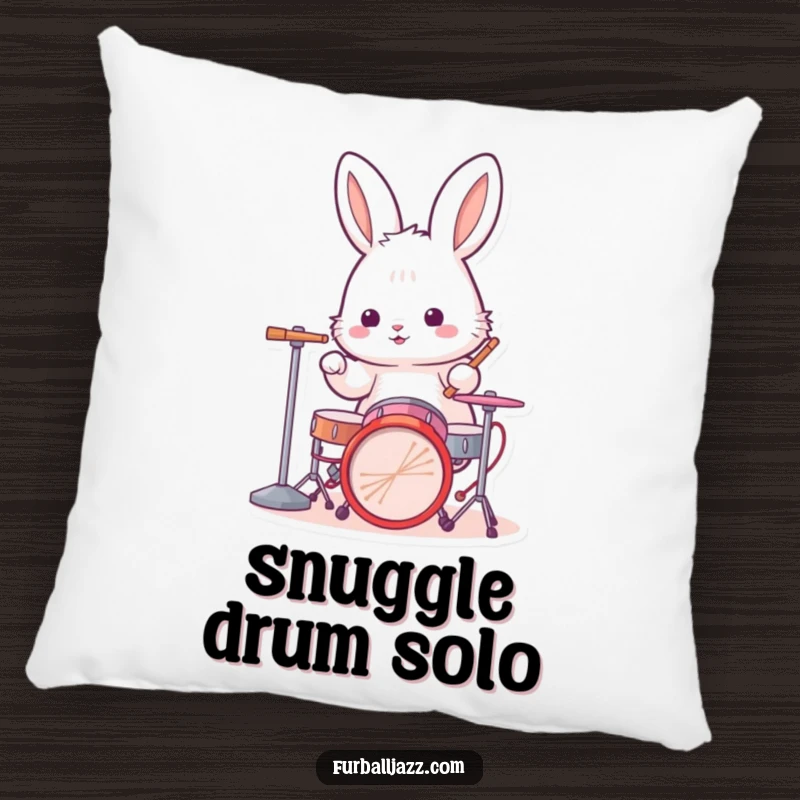 Funny rabbit pillow with a design of a fluffy bunny drummer energetically playing a miniature drum kit, bringing cozy musical vibes.