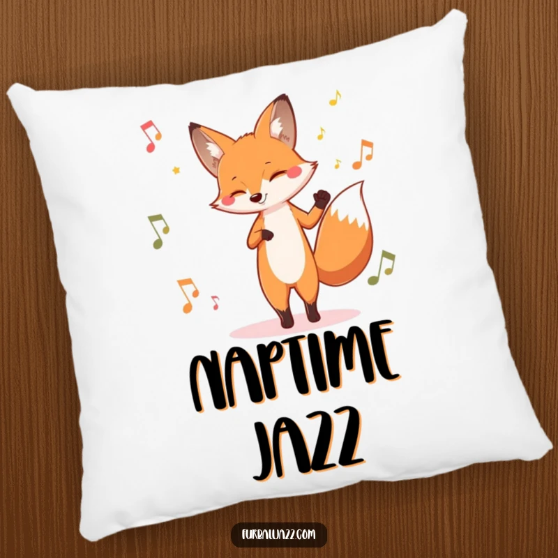 Funny fox pillow with a fox tapping its foot to jazz music, offering comfort and a touch of cool musical humor.