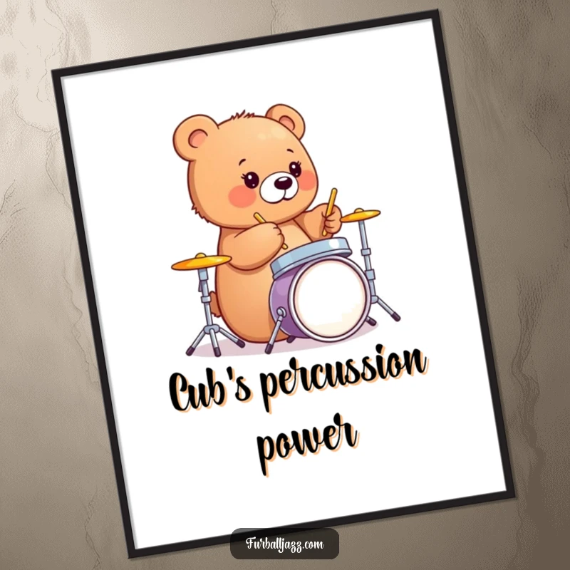 Funny bear cub happily drumming on a miniature drum set, downloadable digital art for music lovers.