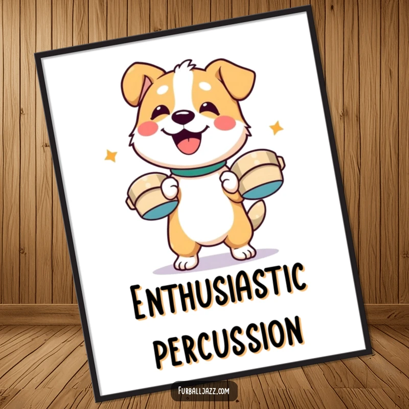 Funny dog character enthusiastically playing cymbals with a smile, a vibrant and funny digital art piece.