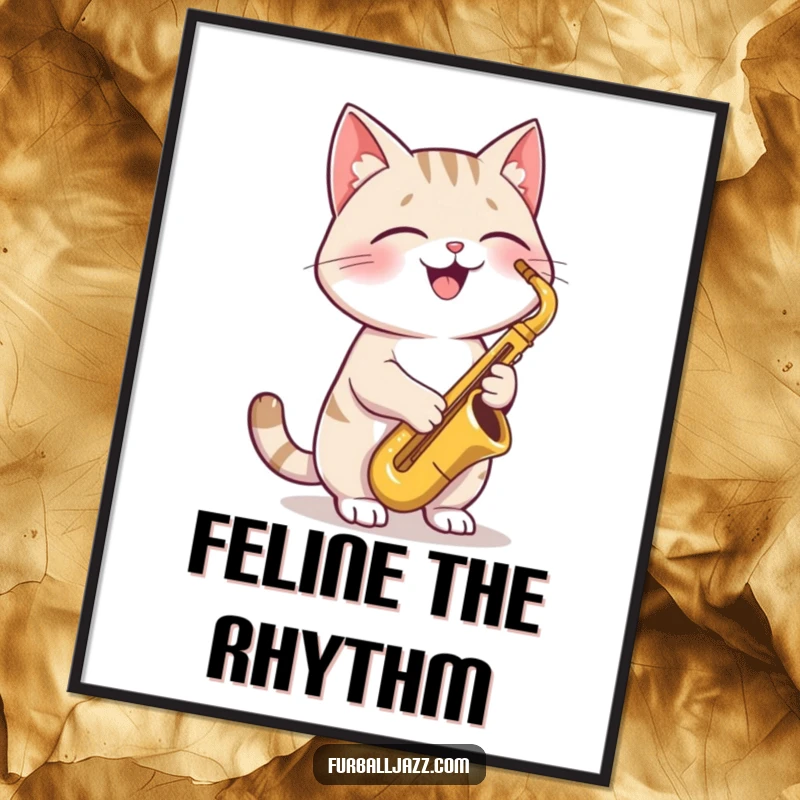 Funny Cat Saxophone Digital Art Print of a joyful cat playing a saxophone, perfect for downloadable cool jazz-themed wall decor.
