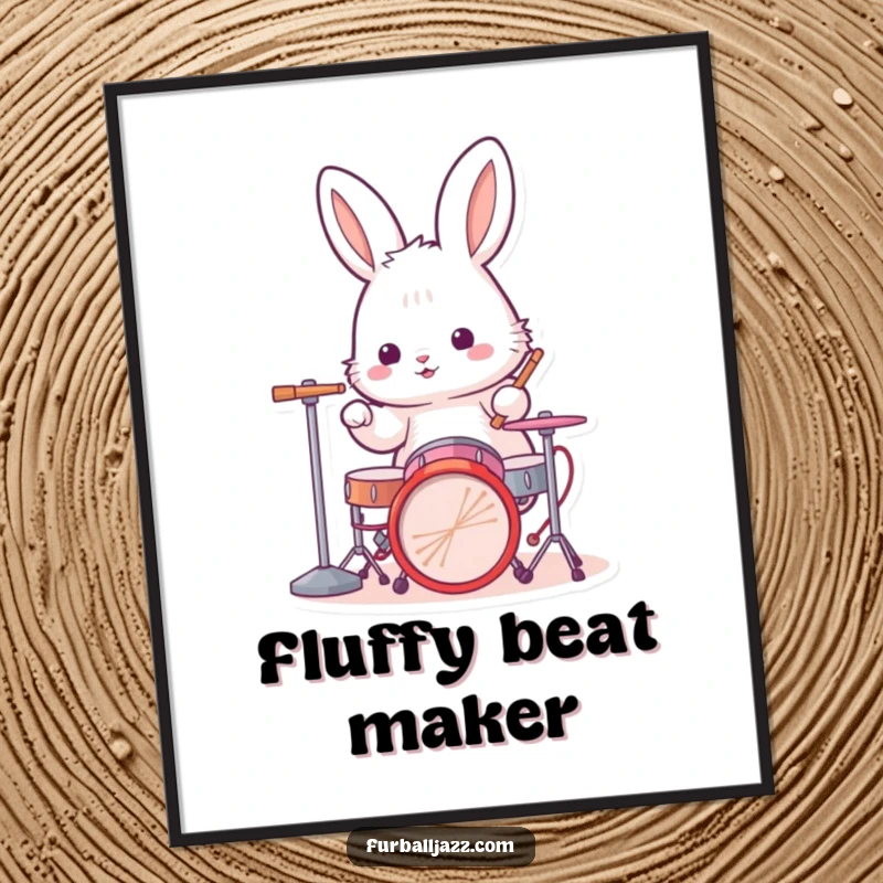 Funny rabbit drummer digital art print of a fluffy bunny enthusiastically playing a miniature drum kit, radiating musical passion.