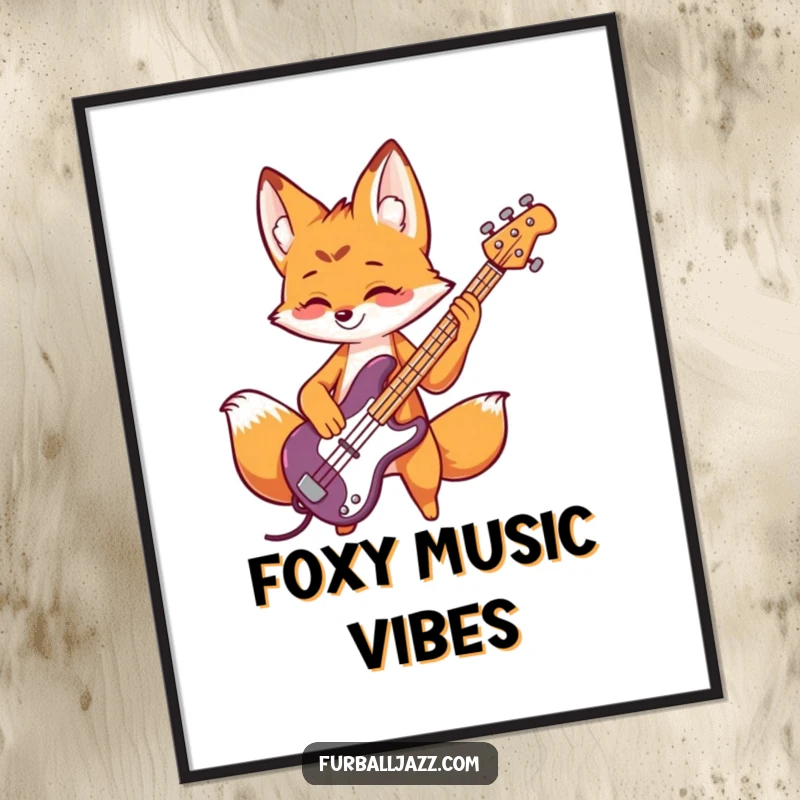 Funny fox digital art print of a playful fox rocking a bass guitar, ready for instant download and display.