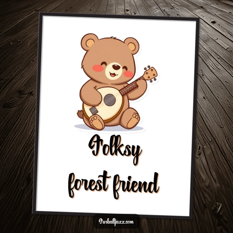 Funny bear strumming a tiny banjo with a happy expression, as digital art for walls.