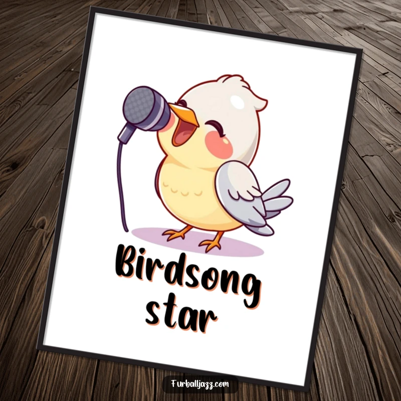 Funny bird hitting a high note into a microphone on digital art, a hilarious avian performance piece.