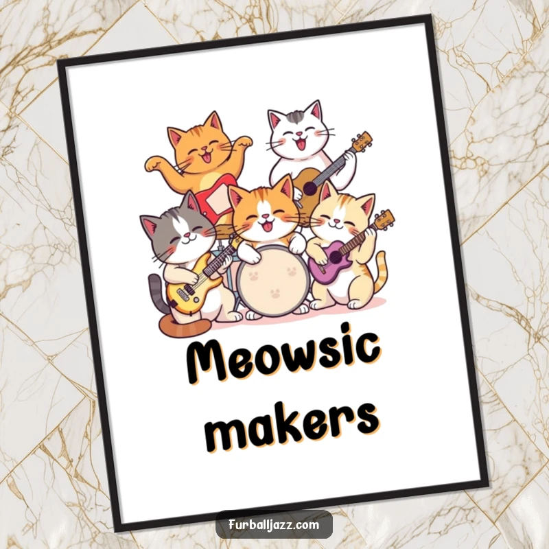 Funny cat digital art print of a group of cats joyfully jamming together on various musical instruments.