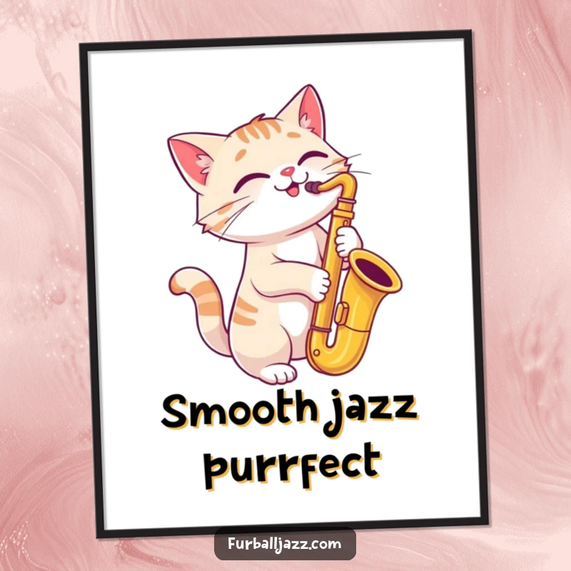 Funny cat playing a saxophone with a joyful, tilted head, as digital art for walls.