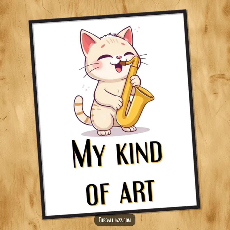 Funny Cat Saxophone Digital Art Print of a joyful cat with a tilted head playing a saxophone, a cool and instantly printable artwork.