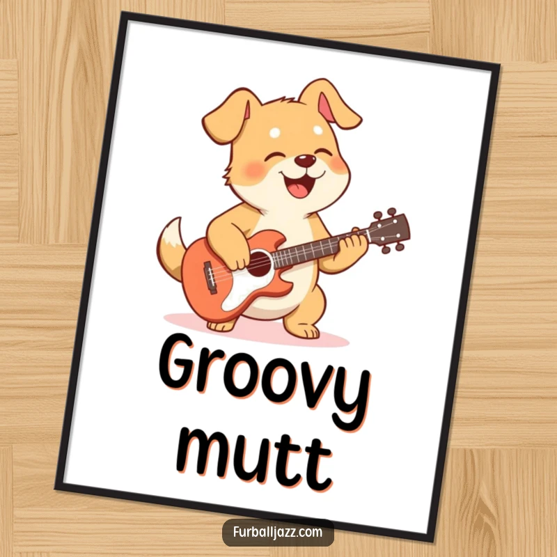 Funny dog digital art print of a happy dog enthusiastically playing a guitar, ideal for instant wall decor with a musical theme.