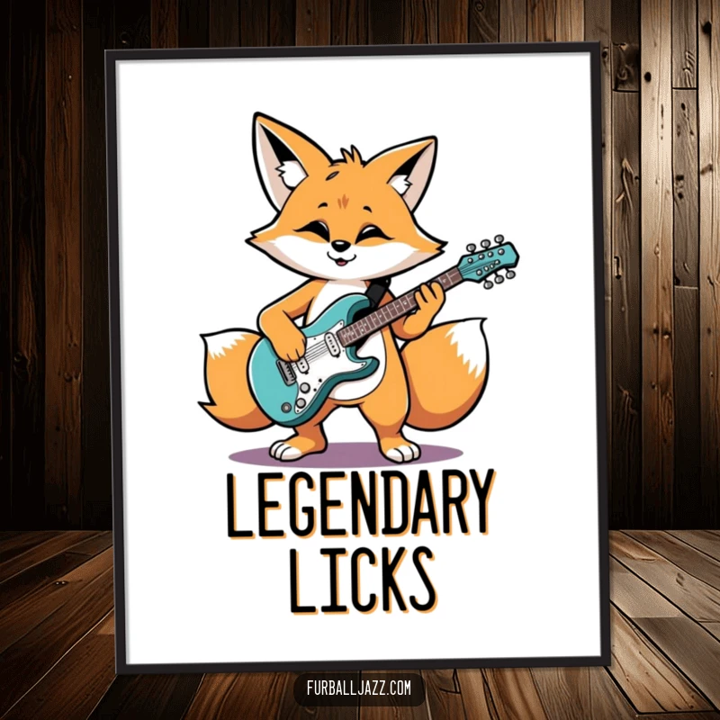 Funny fox character grooving while playing an electric guitar, a humorous digital art print.