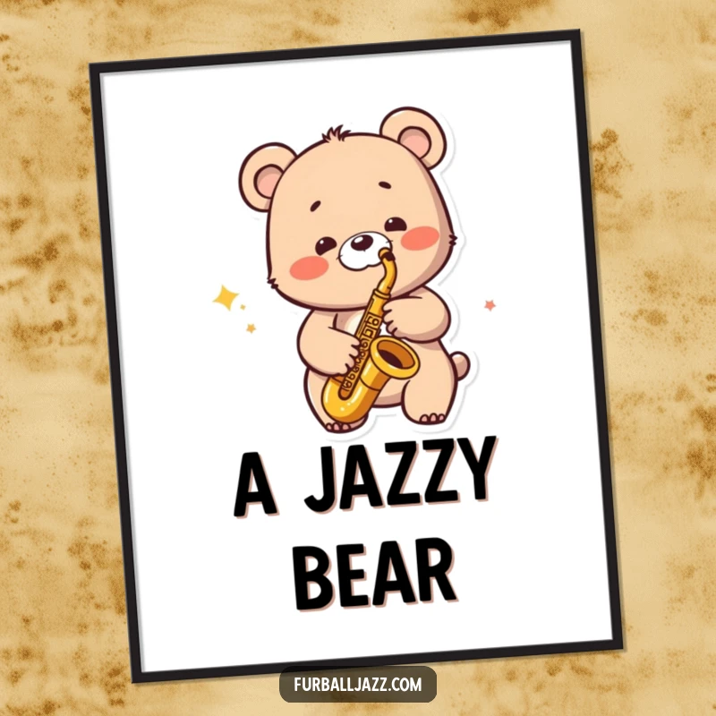 Funny Jazzy Bear Digital Art Print: A bear character playing a saxophone with a wide smile, exuding cool jazz energy.
