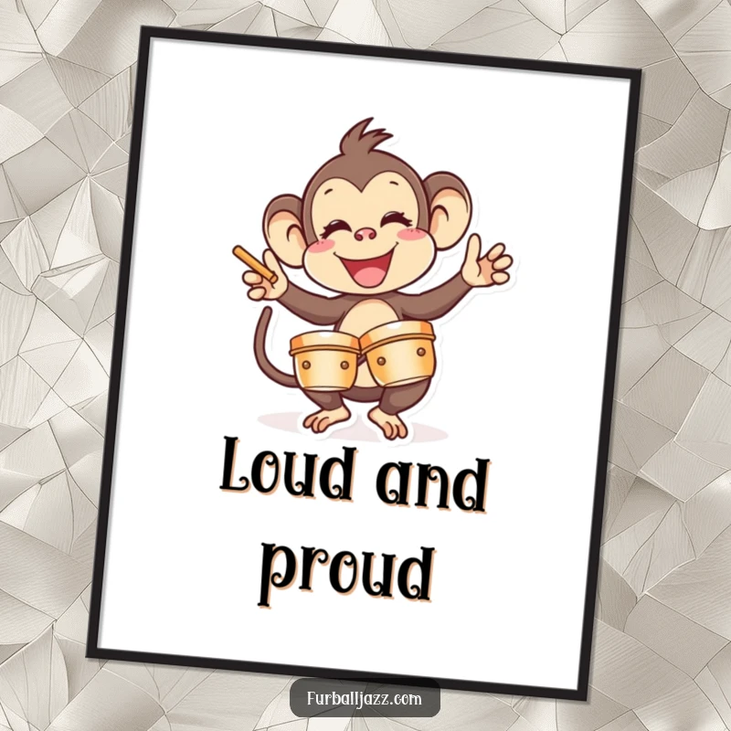 Funny Monkey Digital Art: An energetic monkey gleefully playing cymbals, perfect for immediate download and vibrant wall decor. Great funny gift.