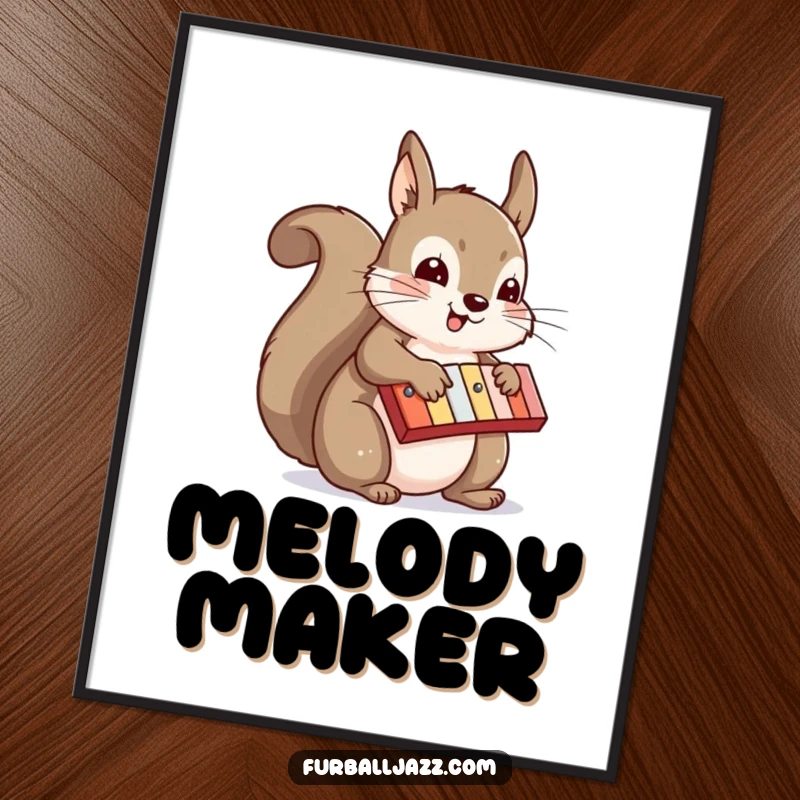 Funny squirrel concert artist playing a xylophone, captured in vibrant digital art, perfect for a funny gift.
