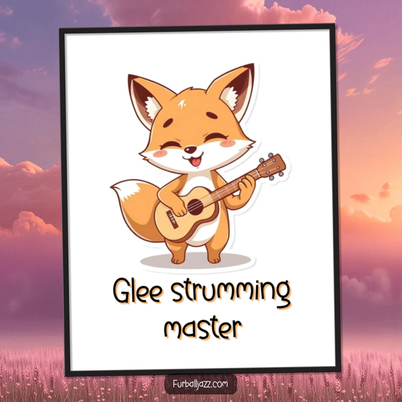 Funny fox character strumming a tiny, stylized guitar with glee, a dynamic and funny digital art piece.