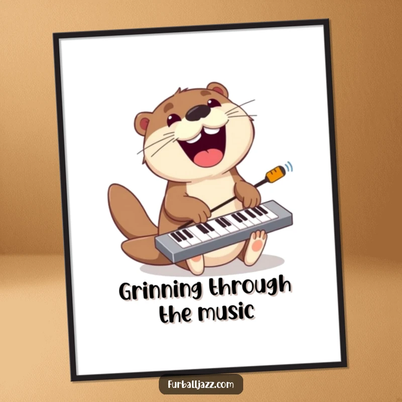 Funny otter digital art print of a playful otter jamming on a keyboard with a wide grin, radiating musical joy.