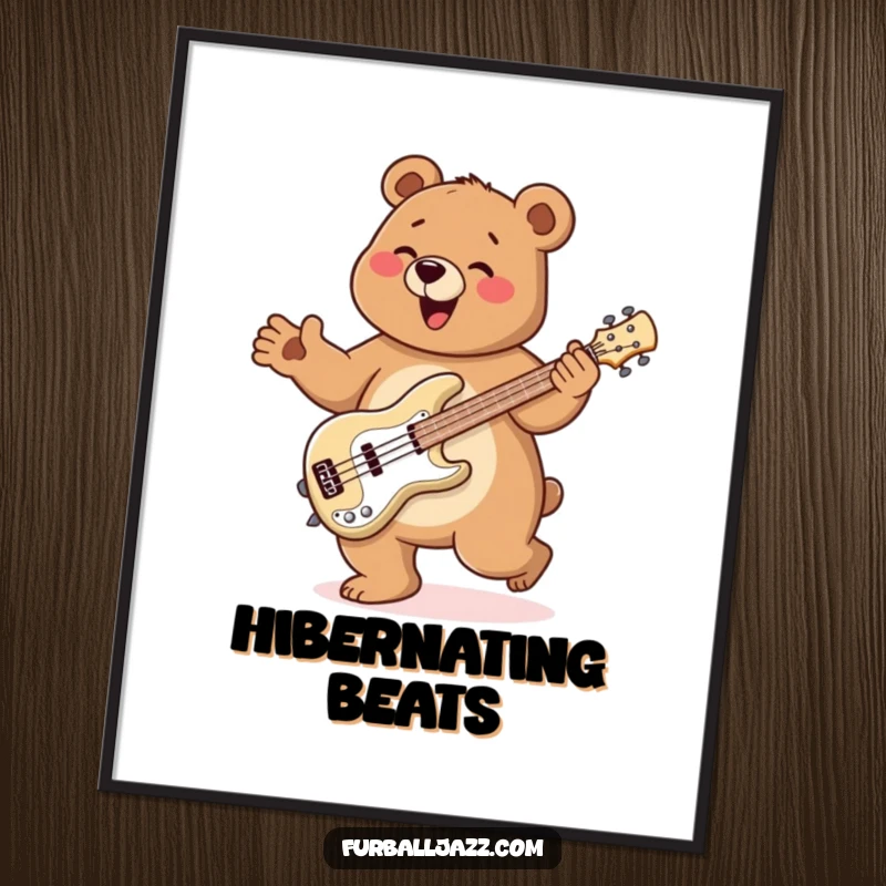 Funny Bear Digital Art Print of a bear doing a happy jig while playing a bass guitar with pure musical joy and energy.