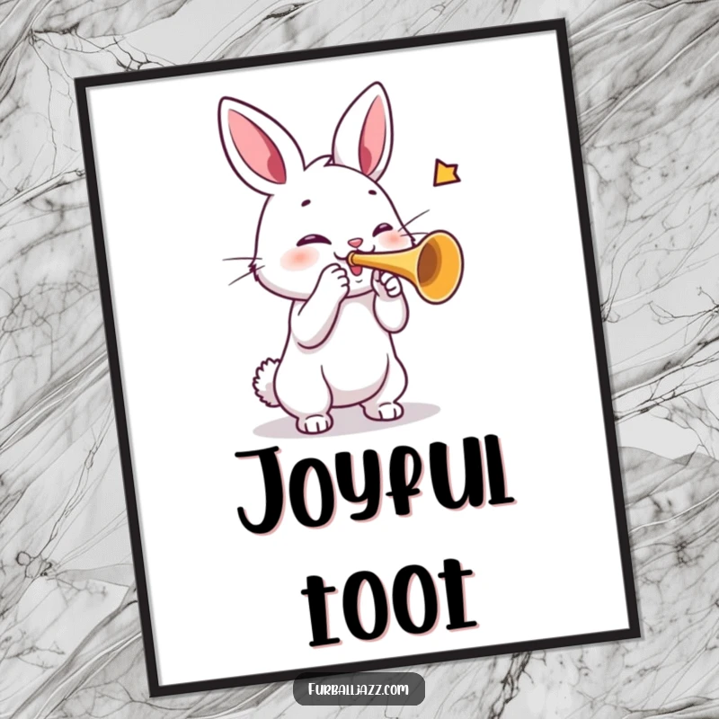 Funny rabbit digital art print of a rabbit playing a trumpet with gusto, ideal for instant wall decor with a musical theme.