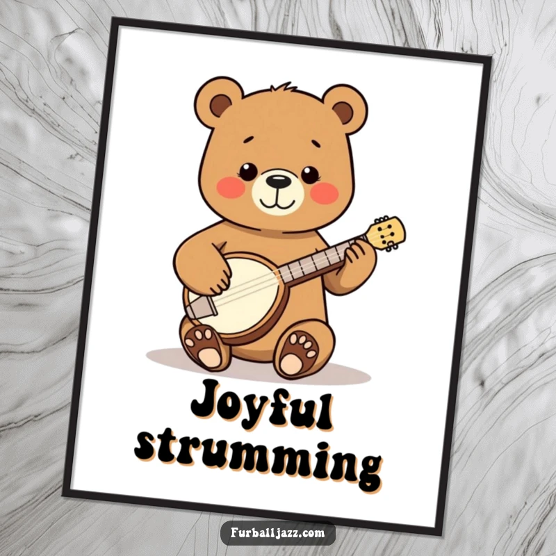 Funny Bear Banjo Digital Art Print of a happy bear strumming a tiny banjo with pure joy, a cheerful and instantly printable artwork.