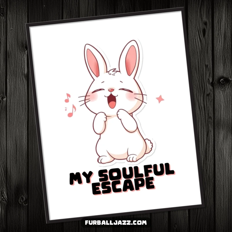 Funny digital art print of a rabbit character performing scat, eyes closed, paw raised, capturing an electrifying moment of musical expression.