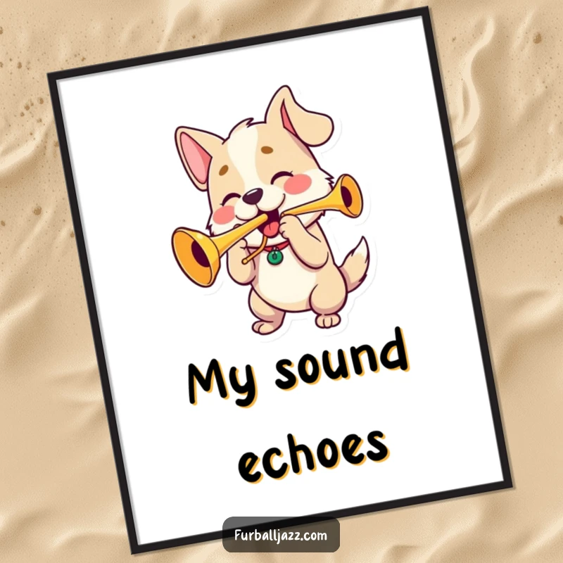 Funny dog with puffed cheeks playing a trumpet, a humorous digital art print.