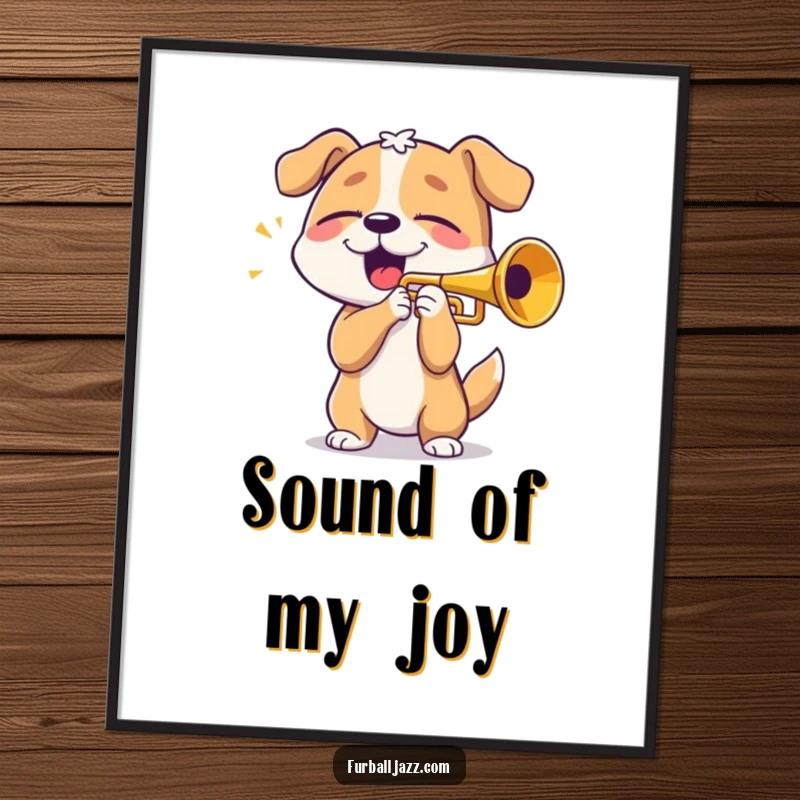 Funny dog playing trumpet with eyes closed in bliss, downloadable digital art for music and dog lovers.
