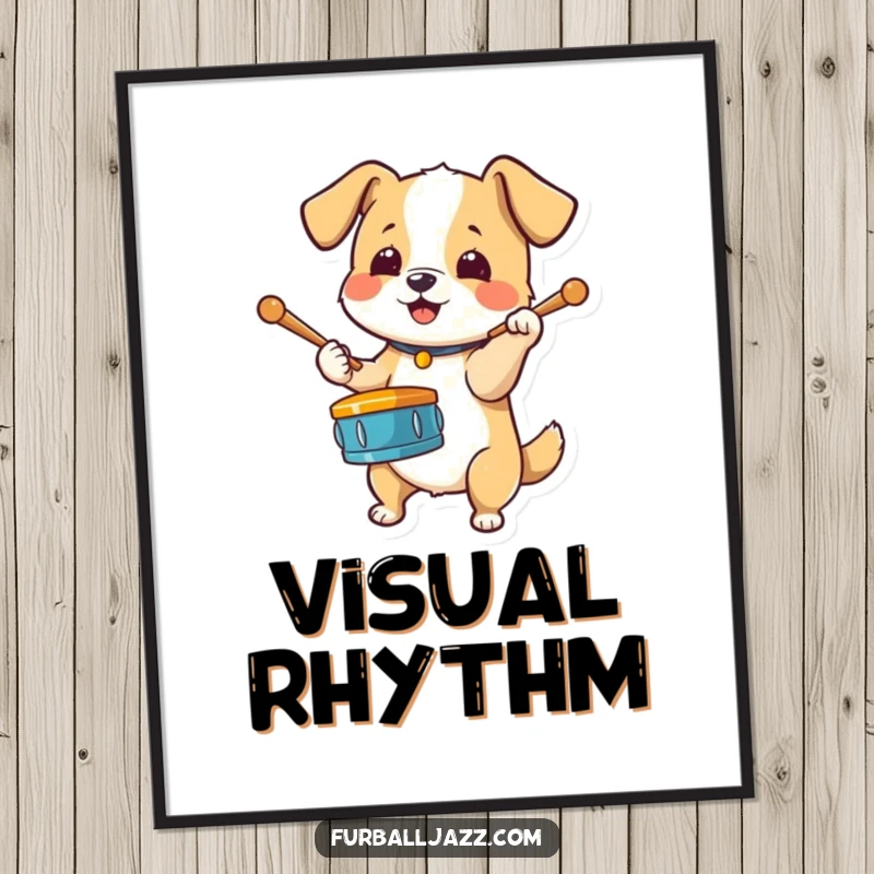 Funny Dog Drummer Digital Art Print of an energetic dog tapping drumsticks on its paw, a vibrant and instantly printable artwork.