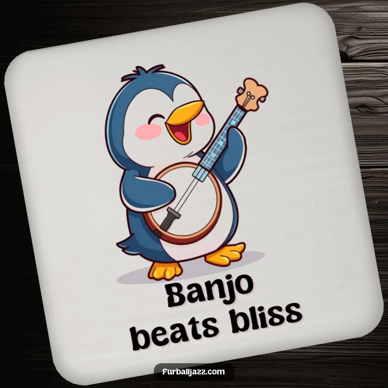 Funny penguin character playing a banjo on a drink coaster, adding a touch of musical humor to beverage service.
