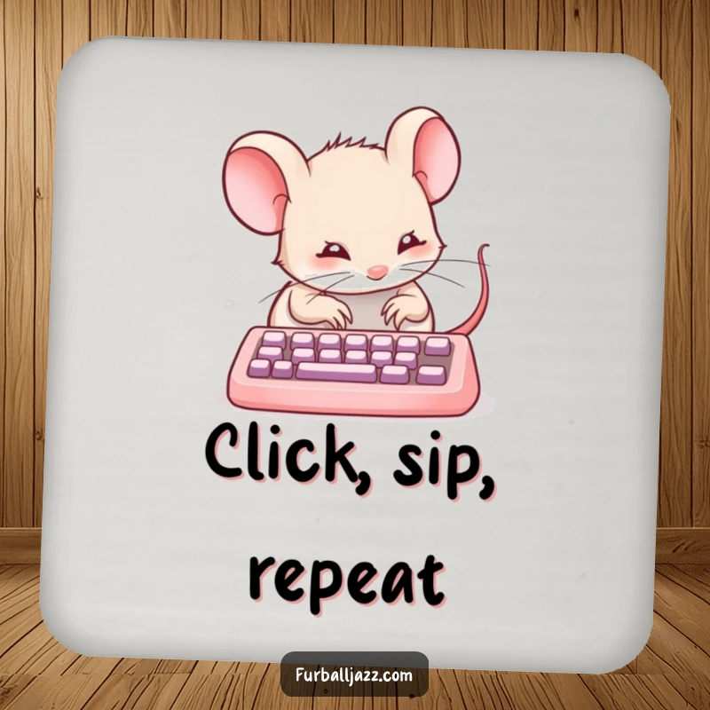Funny mouse typing on a tiny keyboard on a drink coaster, a humorous and functional accessory.