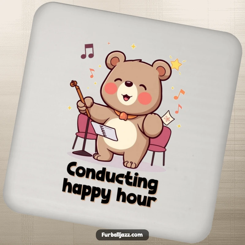 Funny drink coasters showcasing a bear conducting an invisible orchestra with glee, adding playful and protective dramatic flair.