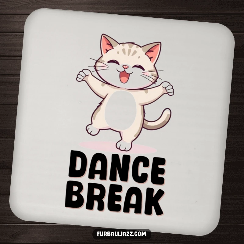Funny tap dancing cat coasters, illustrating a cat mid-tap dance with energetic steps, offering surface protection with humor, a great gift.
