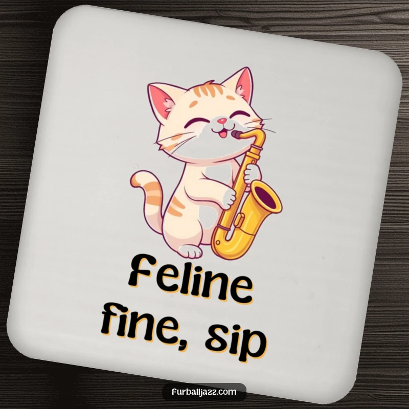 Funny cat playing a saxophone with a joyful, tilted head on a drink coaster.