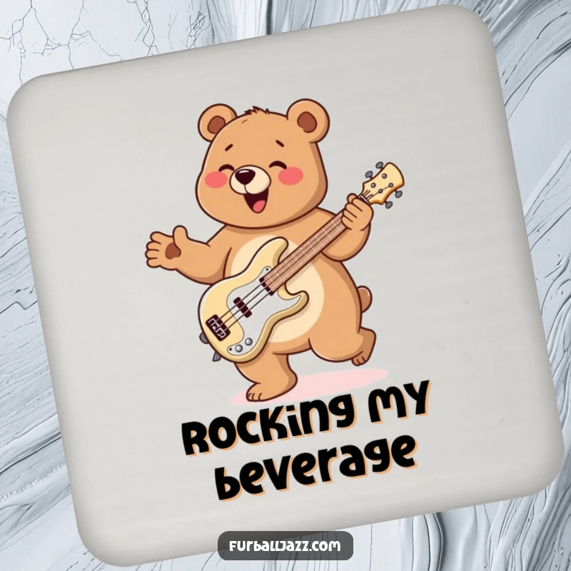 Funny Bear Coaster showcasing a bear doing a happy jig while playing a bass guitar, protecting tables with musical charm.