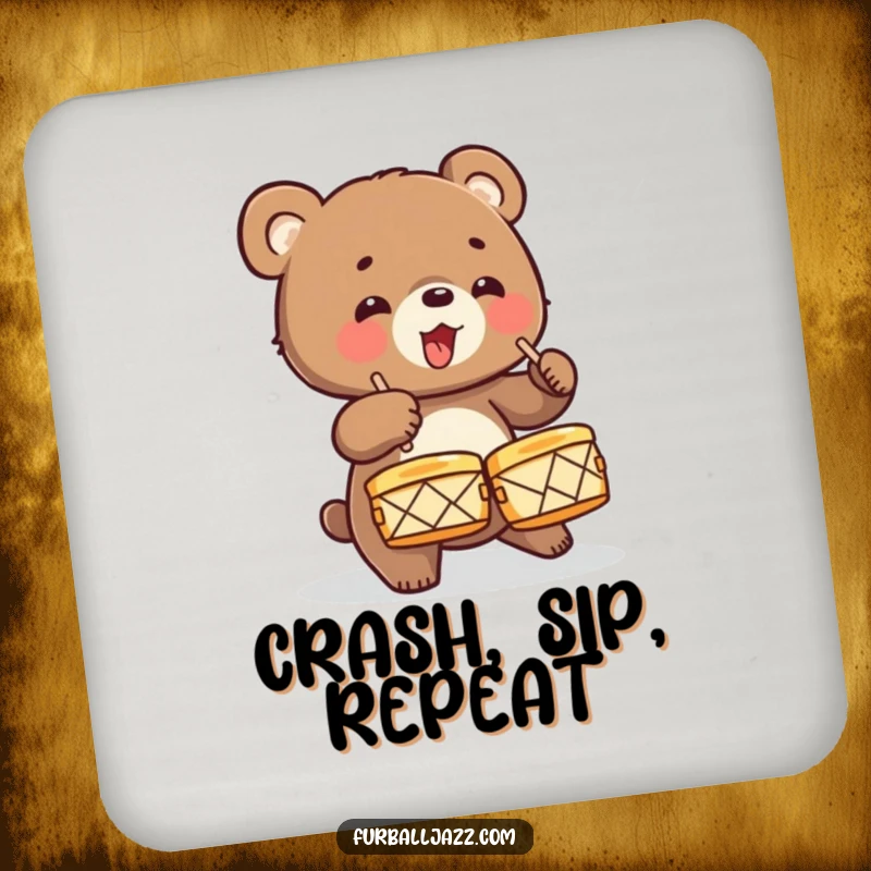 Funny Bear Cub Drummer Coaster featuring an energetic cub crashing cymbals, perfect for protecting furniture with wild, musical charm.