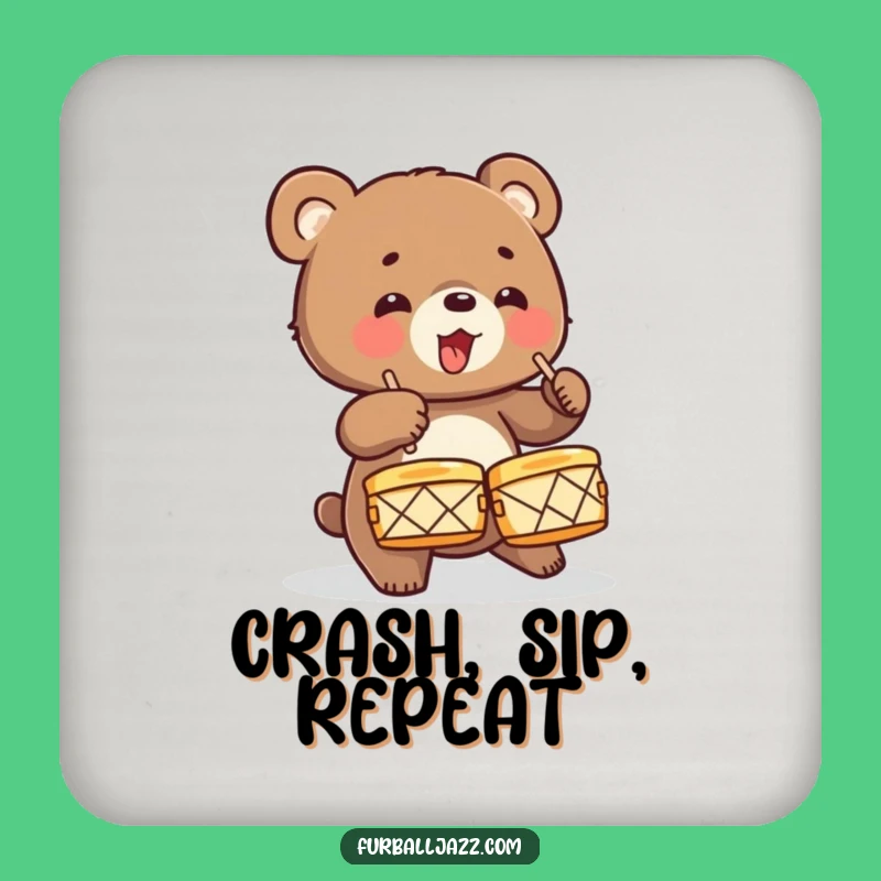 Funny Bear Cub Drummer Coaster: Energetic Surface Protector, Wild Animal Music Decor, Funny Gift