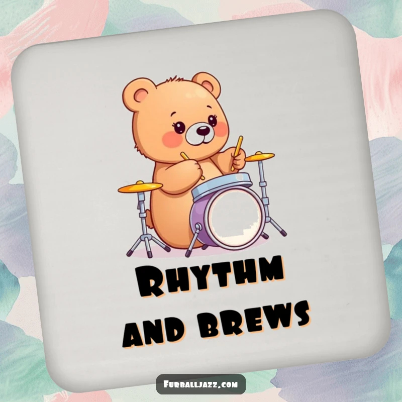 Funny bear cub happily drumming on a miniature drum set, a humorous drink coaster for music fans.