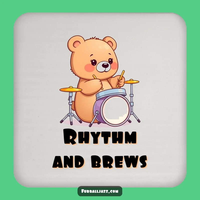 Funny Bear Cub Drummer Drink Coaster - Musical Table Protector Gift