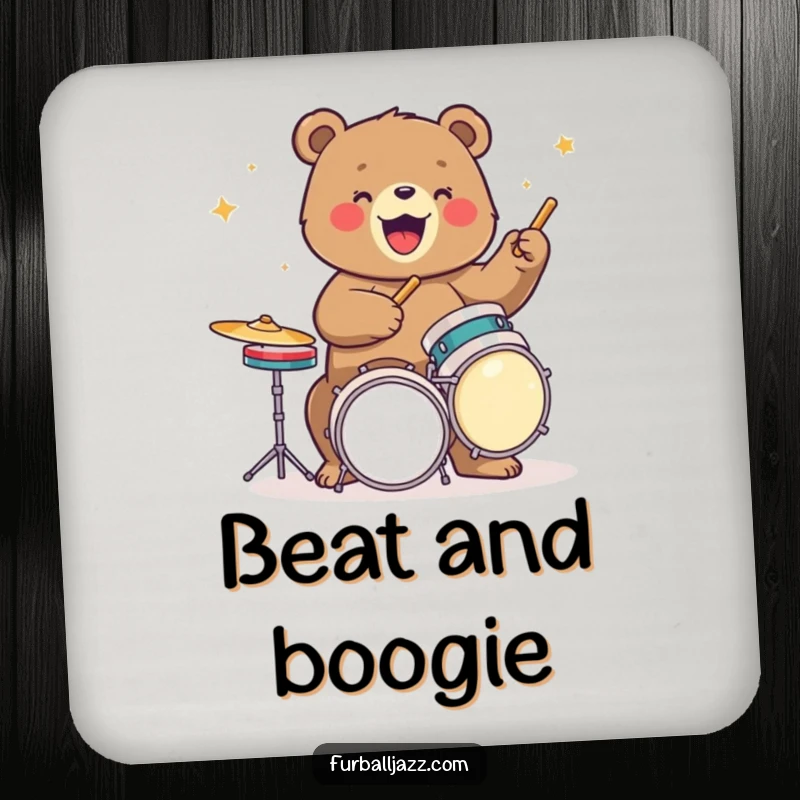 Funny bear coasters, each depicting a bear energetically playing drums, adding a musical and humorous touch to drink service.
