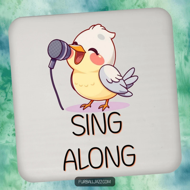 Funny bird singing into a microphone on a drink coaster, a cheerful and funny accessory.