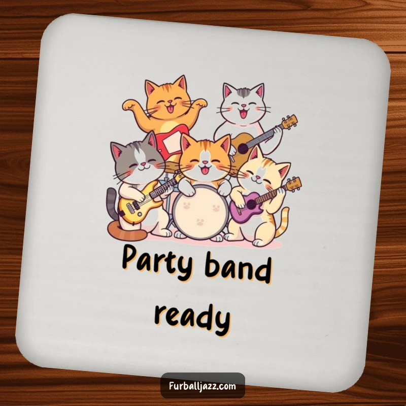 Funny cat drink coaster featuring a group of cats playing various musical instruments together with glee.