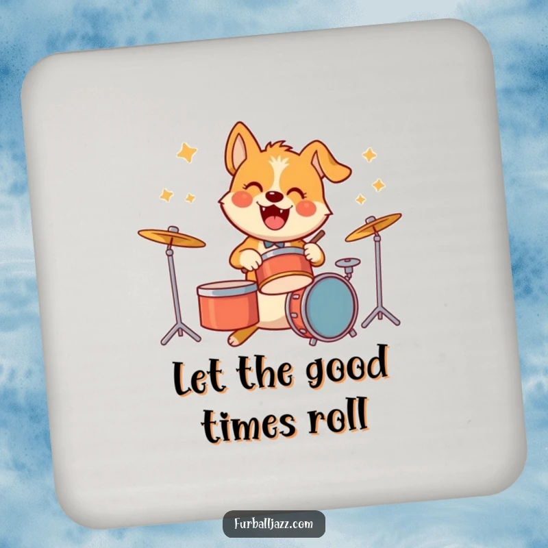 Funny drink coaster showcasing an energetic dog character playing drums, adding a musical and humorous flair to drink placement.