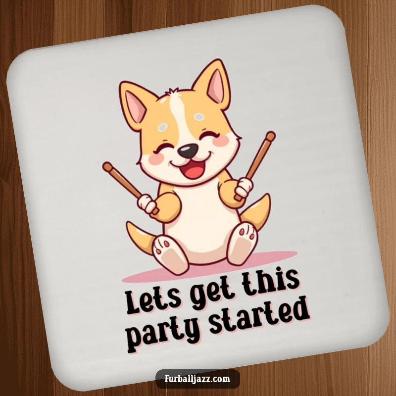 Funny dog drink coasters featuring an energetic character tapping drumsticks on its knees, protecting surfaces with cool, humorous musical style.